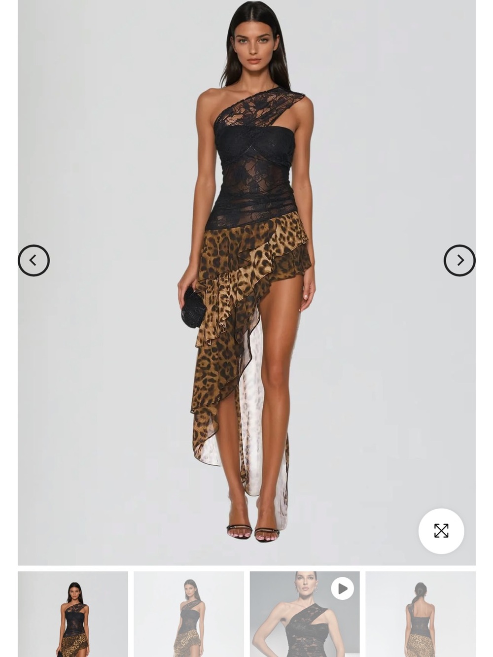 One-Shoulder Black Lace & Leopard Asymmetrical Dress